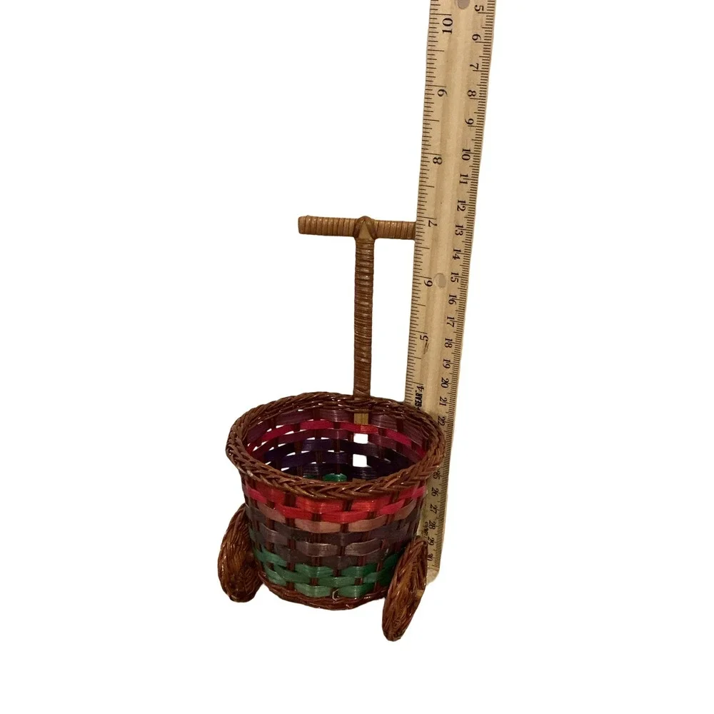 Vintage Miniature Wicker Cart Basket Woven‎ Colorful Stripe Decorative Trinket